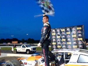 Ryan Preece celebrates victory in the SK Modified feature Wednesday at Thompson Speedway 