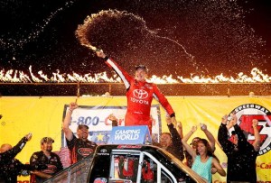 Christopher Bell celebrates after winning the Camping World Truck Series 1-800-CAR-CASH Mud Summer Classic at Eldora Speedway Wednesday (Photo: Sean Gardner/Getty Images for NASCAR