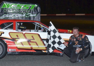 Geoff Rollins celebrates victory in the North East Street Stock Tour event Saturday at Monadnock Speedway (Photo: North East Street Stock Tour/Chip Cormie) 