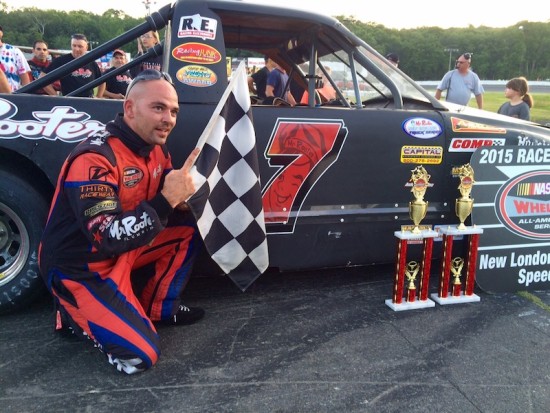 Josh Galvin celebrates his first Mr. Rooter New England Truck Series victory Saturday at the New London-Waterford Speedbowl 
