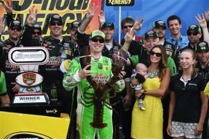 Kyle Busch poses in Victory Lane with "Loudon the Lobster" after winning the Sprint Cup Series 5-Hour Energy 301 at New Hampshire Motor Speedway Sunday (Photo: Rainier Ehrhardt/Getty Images for NASCAR)
