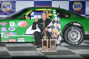Tom Butler celebrates victory at Stafford Speedway last Friday (Photo: Stafford Speedway/Driscoll MotorSports Photography)