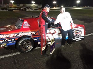 Al Stone III (left) celebrates with New London-Waterford Speedbowl owner Bruce Bemer after his win in the Limited Sportsman feature Saturday at the shoreline oval (Photo: New London-Waterford Speedbowl)