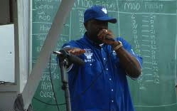 Funkmaster Flex oversees the driver's meeting at the Funkmaster Flex Invitational on Aug. 5, 2004 at the New London-Waterford Speedbowl (Photo: Fran Lawlor) 