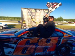 Jeff Rocco celebrates victory in the Late Model feature Wednesday at Thompson Speedway 