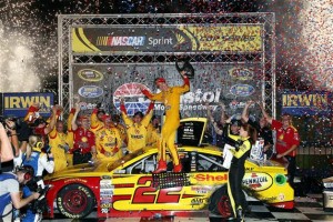Joey Logano celebrates after winning the Sprint Cup Series Irwin Tools Night Race at Bristol Motor Speedway Saturday (Photo: Sean Gardner/Getty Images for NASCAR)