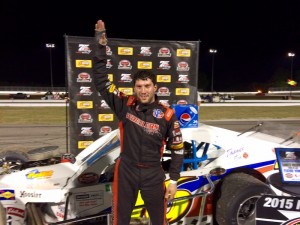 Keith Rocco celebrates a sweep of both SK Modified features Wednesday at Thompson Speedway 