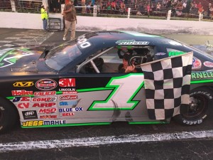 Keith Rocco celebrates a Late Model victory Saturday at the New London-Waterford Speedbowl (Photo: New London-Waterford Speedbowl) 