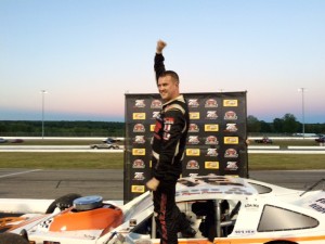 Ryan Preece celebrates victory in the SK Modified feature at Thompson Speedway Wednesday 