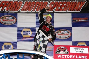 Ryan Preece celebrates victory in the Whelen Modified Tour Call Before You Dig 150 Friday at Stafford Speedway (Photo: Tim Bradbury/Getty Images for NASCAR)