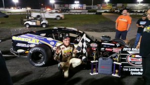 Ted Christopher celebrates his second consecutive SK Modified victory Saturday at the New London-Waterford Speebdowl (Photo: New London-Waterford Speedbowl)