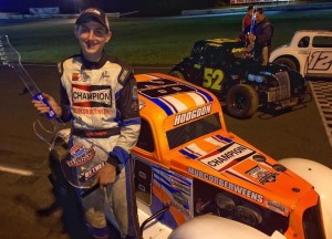 Teddy Hodgon celebrates victory in Saturday's INEX Legends car national qualifying event at Bethel Motor Speedway (Photo: Courtesy of Teddy Hodgdon Racing) 