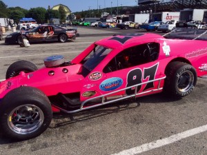 Joey Ferrigno unveiled a new pink paint scheme on his Stafford Speedway SK Light Modified Friday in support of crew member Marla Klemovitch