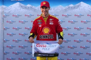 Joey Logano celebrates winning the pole in qualifying for the Sprint Cup Series Federated Auto Parts 400 at Richmond International Raceway (Photo: Matt Sullivan/Getty Images for NASCAR)