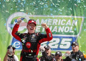 John Hunter Nemechek celebrates after winning the Camping World Truck Series American Ethanol E15 225 at Chicagoland Speedway Saturday (Photo: Jonathan Ferrey/Getty Images for NASCAR)