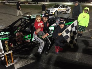 Keith Rocco celebrates SK Modified victory and his fifth championship in the division Saturday at the New London-Waterford Speedbowl (Photo: New London-Waterford Speedbowl) 