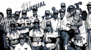 Tommy Ellis (with towel around neck) celebrates a win in the first ever NASCAR national series race at NHMS in 1990. Ellis beat a strong field, including Dale Earnhardt, Jeff Burton and Dale Jarrett to win the inaugural event on July 15, 1990. (Photo: Courtesy New Hampshire Motor Speedway) 