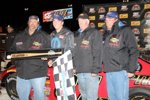 Brian Hoar (second from left) celebrates victory in the American Canadian Tour Sunoco World Series 100 Saturday at Thompson Speedway (Photo: Travis Ingerson/Vermont Motorsports Magazine)