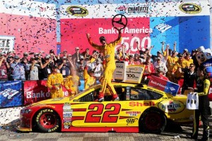Joey Logano celebrates victory in the Sprint Cup Series Bank of America 500 at Charlotte Motor Speedway Sunday (Photo: Jerry Markland/Getty Images for NASCAR)
