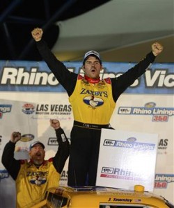 John Wes Townley celebrates winning the Camping World Truck Series Rhino Linings 350 at the Las Vegas Motor Speedway Saturday (Photo: Robert Laberge/Getty Images for NASCAR)