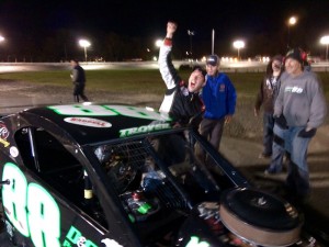 Keith Rocco celebrates victory in the SK Modified Nationals feature in October at the New London-Waterford Speedbowl 