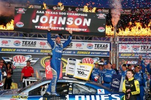 Jimmie Johnson celebrates after winning the Sprint Cup AAA Texas 500 at Texas Motor Speedway Sunday (Photo: Tim Bradbury/Getty Images for NASCAR) 