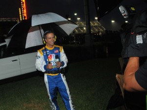 Mike Massaro working a rainy race weekend for NBC (Photo: NBC Sports Group)