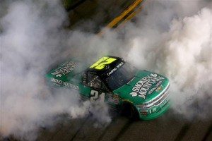 Johnny Sauter celebrates victory following the Camping World Truck Series NextEra Energy Resources 250 at Daytona International Speedway Friday (Photo:Sarah Crabill/Getty Images for NASCAR) 
