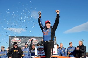 Timmy Solomito celebrates his first career Whelen Modified Tour victory following the season opening Icebreaker 150 Sunday at Thompson Speedway (Photo: Getty Images for NASCAR)