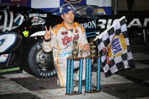 Woody Pitkat celebrates a Valenti Modified Racing Series victory last year at Stafford Motor Speedway (Photo: Stafford Motor Speedway/Driscoll MotorSports Photography)