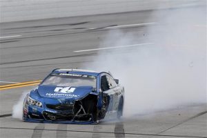 Dale Earnhardt Jr. following a crash during the Sprint Cup GEICO 500 at Talladega Superspeedway Sunday (Photo: Jerry Markland/Getty Images for NASCAR) 