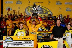 Joey Logano celebrates following victory in the NASCAR Sprint Cup Series Sprint All-Star Race at Charlotte Motor Speedway Saturday (Photo: Jonathan Ferrey/Getty Images for NASCAR) 