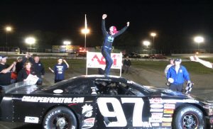 Joey Polewarczyk Jr. celebrates victory in the American Canadian Tour feature Saturday at the New London-Waterford Speedbowl (Photo: New London-Waterford Speedbowl) 