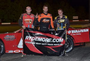 Cory Casagrande (3rd place), Mike O'Sullivan (winner) and D.J. Shawn (2nd place) celebrate Saturday night at Monadnock Speedway following the Granite State Pro Stock Series Rydemore 100 (Photo: Chip Cormie) 