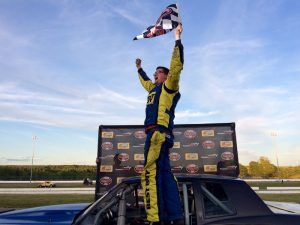 Brent Gleason celebrates his first career Limited Sportsman victory Wednesday at Thompson Speedway 