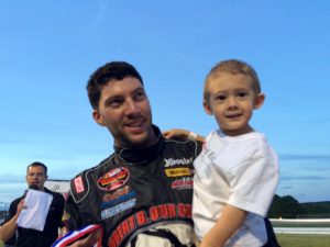 Keith Rocco celebrates his SK Modified victory June 15 at Thompson Speedway with his son K.J. 