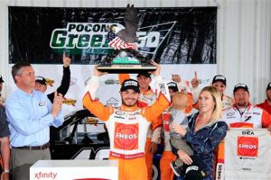 Kyle Larson celebrates victory in the XFINITY Series Pocono Green 250 Saturday at Pocono Raceway (Photo Chris Trotman/Getty Images for NASCAR) 