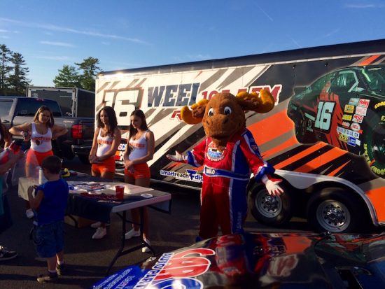 Milo The Moose From New Hampshire Motor Speedway met with the Hooters Girls at Stafford. 