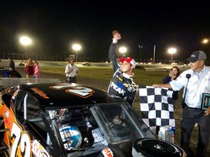 Paul Kusheba celebrates his first career SK Modified victory Saturday at the New London-Waterford Speedbowl 