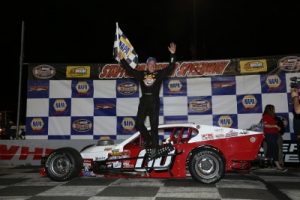 Ted Christopher celebrates victory in the Valenti Modified Racing feature Friday at Stafford Motor Speedway (Photo: Jim DuPont) 