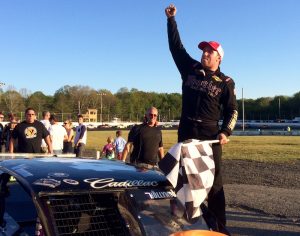 Tony Membrino Jr. celebrates his fourth SK Light Modified victory of the season at the New London-Waterford Speedbowl Saturday 