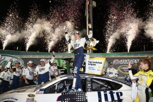 Brad Keselowski celebrates following victory in the Sprint Cup Series Quaker State 400 at Kentucky Speedway Saturday (Photo: Photo by Matt Sullivan/Getty Images)