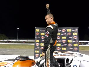 Ryan Preece celebrates after winning the final segment of the SK Modified 20/20 Sprint Wednesday at Thompson Speedway 
