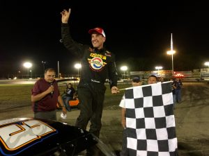 Ted Christopher celebrates victory in the SK Modified division July 2 at the New London-Waterford Speedbowl 