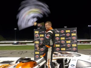 Ryan Preece celebrates his second SK Modified victory of the night Wednesday at Thompson. 