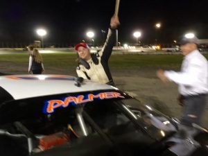 Jason Palmer celebrates victory in the Late Model feature Saturday at the New London-Waterford Speedbowl 