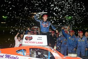 Timmy Solomito celebrates victory in the Whelen Modified Tour Anytime Realty 150 Saturday at Seekonk (Mass.) Speedway (Photo: Adam Glanzman/Getty Images for NASCAR) 