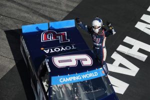William Byron celebrates victory in the Camping World Truck Series UNOH 175 at New Hampshire Motor Speedway Saturday (Photo: Rainier Ehrhardt/Getty Images for NASCAR) 