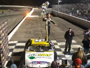 Bobby Therrien celebrates victory in the American Canadian Tour feature at the Sunoco World Series at Thompson Speedway Saturday 