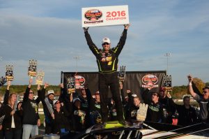 Doug Coby celebrates his third consecutive Whelen Modified Tour championship and fourth overall following Sunday's Sunoco World Series 150 at Thompson Speedway (Photo: NASCAR/Fran Lawlor)